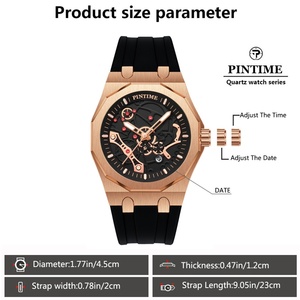 Pintime sang trọng thạch anh Đồng hồ cho nam giới Hollow ra quay số thiết kế kinh doanh Mens Đồng hồ đeo tay hợp kim trường hợp Silicone ban nhạc người đàn ông Đồng hồ - Product Image 6