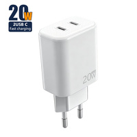 Cargador Rápido GaN de 20W con Doble Puerto USB-C, Enchufe Europeo, QC3.0, Protección Múltiple, IC Inteligente, Carga a Baja Temperatura para iPhone y Samsung
