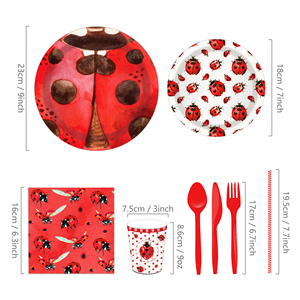 Huancai <span class=keywords><strong>coccinelle</strong></span> fête fournitures assiettes en papier rouge tasses serviettes vaisselle jetable ensemble pour enfants décorations de fête d'anniversaire - Product Image 4