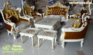 Juego de Sofás Tallados de Madera de Teca Real Maharaja, Hermosos Muebles de Salón Tallados en Dorado, Muebles de Salón Italianos para el Hogar - Product Image 5