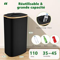 Poubelle de recyclage OdenPeak avec couvercle 110L, bac de stockage pour bouteilles, collecteur de bouteilles, conteneur compacteur pour cuisine, plastique, verre, papier