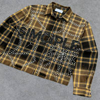 Chemise en flanelle à carreaux décontractée pour homme, style hip-hop, boutonnée, avec clous en strass, manches longues, col rabattu, 100% coton tricoté