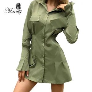 2023 sexy long sleeve mini dress solid color casual dresses stand neck slim pleated shirt women plus size clothing