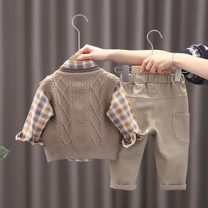 Children's Casual Solid Pattern Three-Piece Set Knitted Sweater <strong>Vest</strong> Plaid Shirt <strong>Long</strong>-<strong>Sleeved</strong> <strong>Vest</strong> Boys Boys Three Piece Suit - Product Image 3