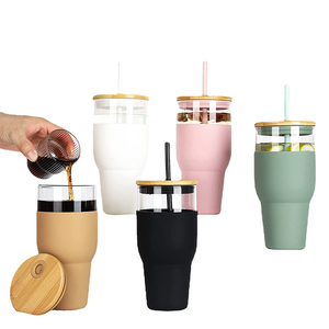 Gran oferta, vaso de vidrio de 32oz con pajita para jugo, botella de agua de vidrio ecológica con funda de silicona, tapa de Bambú - Product Image 2