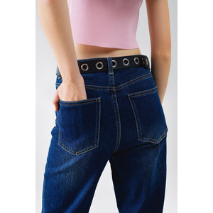 Jean droit en denim bleu foncé avec ourlet replié - Product Image 6