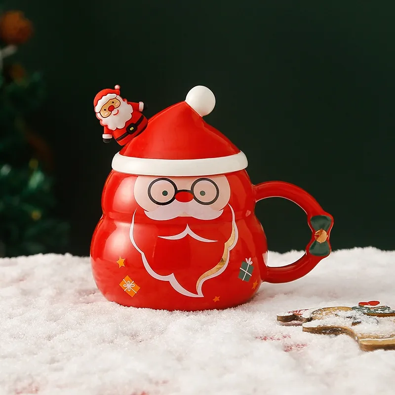 Creatieve Kerst Grote Capaciteit Keramische Beker 16Oz Sneeuwpop Kerstboom Kerstman Kerstman Koffiekopje Met Deksel En Lepel
