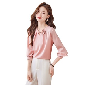 Women's Long Sleeve Shirt Solid Color <b>Satin</b> Round Neck Elegant <b>Blouse</b> For Everyday Wear - Product Image 5