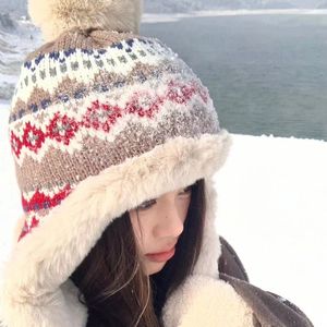 Gorro de punto estilo coreano con orejeras, gorro de invierno cálido a prueba de viento para mujer, rojo, negro, gris, beige, plegable, con patrón de diamantes - Product Image 4