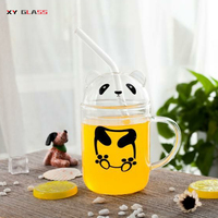Mignon Panda Design Moderne Couvercle En Verre Poignée Paille Boisson À La Main Verre Jus Tasse