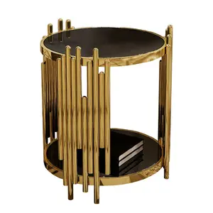 De lujo de moda redonda de acero inoxidable mesa de vidrio templado negro latón oro acento Mesa