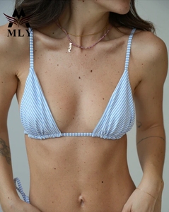Costume da bagno di lusso MLY da donna, <span class=keywords><strong>bikini</strong></span> a due pezzi con ferretto, <span class=keywords><strong>senza</strong></span> <span class=keywords><strong>spalline</strong></span>, fantasia a tinta unita e dettaglio in metallo con logo in vita, abbigliamento da spiaggia - Product Image 5