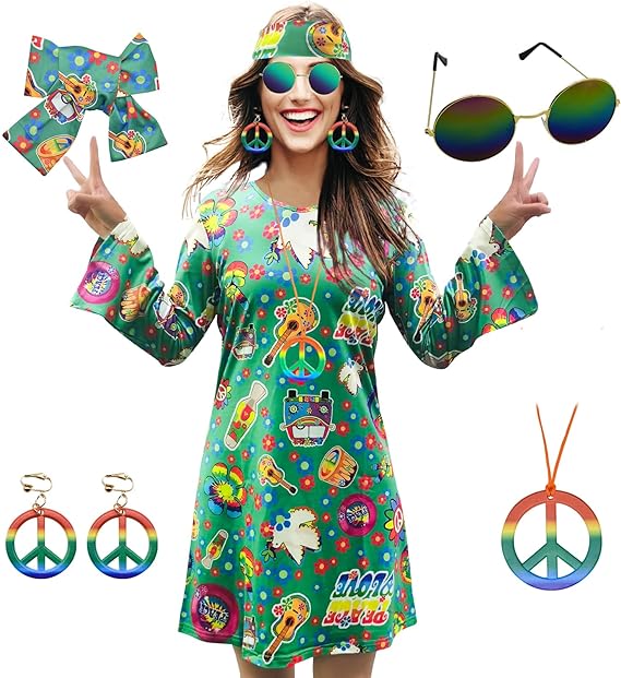 Girls 60s 70s Hippie Costume Dress - Disco Outfit With Accessories For Kids
