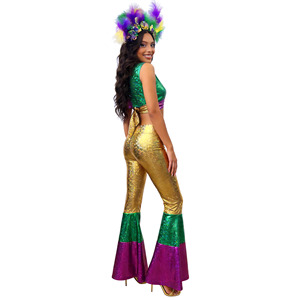Conjunto de Fiesta de Carnaval para Mujer, Pantalones Acampanados de Satén Verde Dorado y Morado de Cintura Alta, Top Corto, Disfraz, Ropa de Actuación, Sin Etiqueta, Transfronterizo - Product Image 3