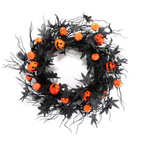 Guirlande de porte d'Halloween en plastique, feuilles d'érable noires artificielles, citrouille, décoration murale pour fête d'Halloween, 50 cm, style américain