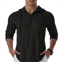 Ensemble de survêtement Henley à capuche pour homme, noir uni, manches longues, décontracté, respirant, anti-boulochage, en coton tricoté 220g, collection Printemps