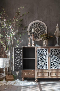Farmhouse Inspired Wooden <b>Sideboard</b> Hand Carved With Decorative Motifs And Wide Storage Cabinets For Dining - Product Image 3