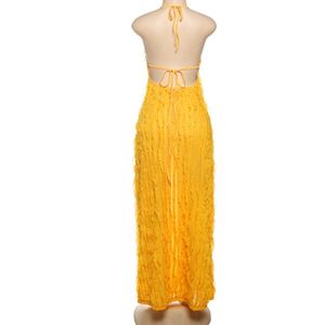 <span class=keywords><strong>Abito</strong></span> Lungo <span class=keywords><strong>Giallo</strong></span> con Scollo a V Profondo e Dettagli Texturizzati, Perfetto per Spiaggia e Feste, Vestito Sexy con Lacci - Product Image 6