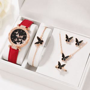 5PCS Women's Butterfly Gold Plated Trendy Wedding Engagement Jewelry Set <b>Watch</b> Ring <b>Necklace</b> Earrings Bracelet Without Box - Product Image 2