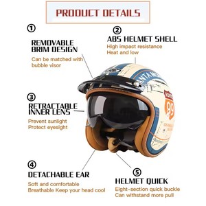 Casques de <span class=keywords><strong>moto</strong></span> vintage à visage ouvert quatre saisons avec visière solaire, homologués DOT, <span class=keywords><strong>casque</strong></span> de <span class=keywords><strong>moto</strong></span> jet rétro, casques de sécurité à visage ouvert - Product Image 3