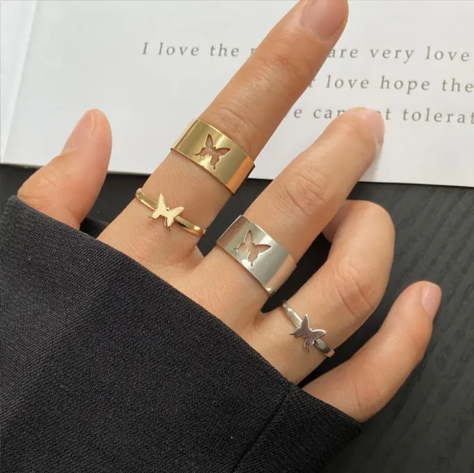 A272 2022 Trend Silver Color Butterfly Rings For Women Men Lover Couple Ring Set Friendship Engagement Wedding Band Open Ring