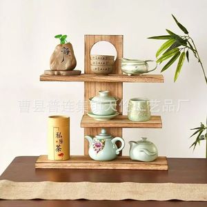 Estante de escritorio de madera de varias capas, estilo retro minimalista, para tazas y juegos de té, estante de almacenamiento chino retro de madera maciza. - Product Image 4