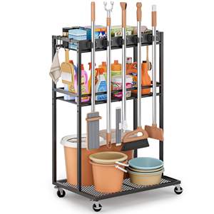 Suporte De Vassoura Com Organizador De Limpeza Armário De Armazenamento Com Esfregão Cabide Garra Rack Ganchos Limpeza Housekeeping Cart - Product Image 1