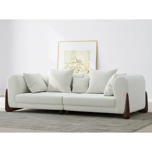 NOVA 2 Seater Sofa Designer White Lamb Velvet Fabric Lounge Upholstered Sofa Couch Set Walnut Wood Corner Sofas For Living Room