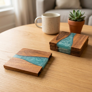 Juego de posavasos de madera natural y resina con diseño de ondas azules, diseño moderno para vajilla, tapetes y almohadillas antideslizantes para mesa, mantel individual. - Product Image 1