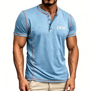 Camisetas Henley Casuales para Hombre <span class=keywords><strong>de</strong></span> Alta Calidad con Diseño Personalizable OEM ODM, Camisetas Elásticas <span class=keywords><strong>de</strong></span> Algodón y Spandex con 4 Botones - Product Image 1