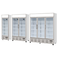 Réfrigérateur commercial vertical à porte vitrée, cadre argenté avec éclairage blanc et commande numérique pour supermarché et salle d'exposition