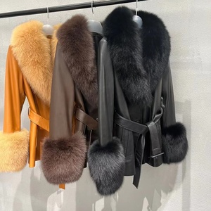 Hot <strong>Sale</strong> Short Large Turn-Down Fox Fur Collar Single Breasted Belt Ladies Custom Genuine <strong>Sheepskin</strong> Leather <strong>Coat</strong> Women - Product Image 1