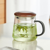 Mug à thé en verre à rayures verticales avec couvercle en bois, infuseur à thé amovible, tasse à thé de bureau pour thé en feuilles