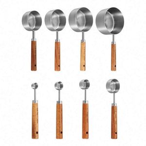 Kitchen Baking Tool Walnut Wooden Handle Stainless Steel Rose Gold 8 Pieces <b>Measuring</b> <b>Spoon</b> and <b>Measuring</b> Cup Set - Product Image 1