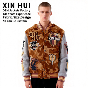 Chaqueta Bomber Vintage Extra Grande para Hombre, Estilo Varsity, en Cuero/Camiseta de Algodón con Parches de Camuflaje Marrón, Personalizada con Parche de Chenilla - Product Image 1