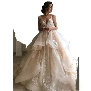 Sexy Backless Floral Ruffles Puffy Lace Bridal Gowns Beach Wedding Gowns Sweetheart Champagne Wedding Dresses