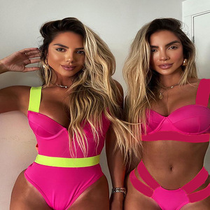 Wholesale Solid Color V Neck Backless Bikini Sexy Hollow Swimsuit Swimwear - Product Image 2