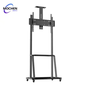 Black Large Base Adjustable Floor Stand Mobile TV Cart With Wheels TV Stand Movable