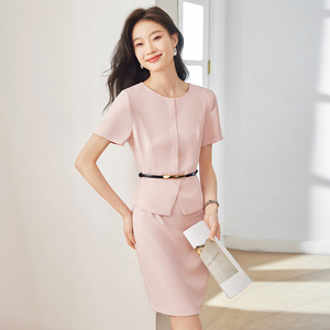 Women's Suit Dress Apricot Solid Color O-Neck Peplum Waist Cinching Professional Career Dress Short Sleeve - Product Image 4
