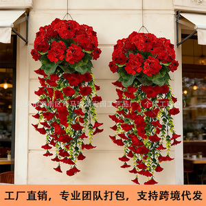 Ramo de Flores Artificiales, Guirnalda Roja Colgante de Plástico para Decoración Interior y Exterior, Begonia, Gloría de la Mañana, Eucalipto, Venta al por Mayor de Fábrica - Product Image 2