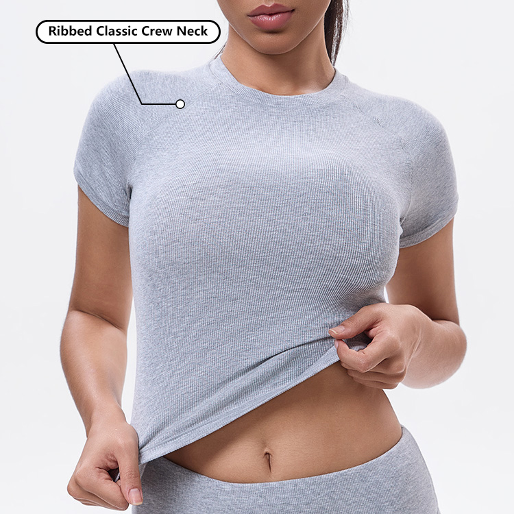 Round Neck Short Sleeve Tight T Shirt for Women 94%Rayon 6%Spandex Ribbed Short Sleeve Crop Tops Blank Women Slim Fit T Shirt