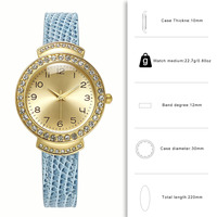 Montre-bracelet à quartz pour femme W225 avec lunette ronde en strass, boîtier doré, bracelet en similicuir, montre élégante pour femme, vente en gros