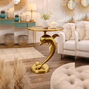 Mesa Auxiliar Creativa de Aluminio Dorado con Forma de Delfín, Estatua Moderna de Animal Marino, Soporte para Café, Mesa Decorativa para Sala de Estar, Mesa Auxiliar para Sofá - Product Image 1