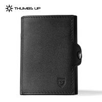 THUMBS-UP pemegang kartu Pop up Pria Mini dompet lipat tiga kancing Pop up saku koin ritsleting minimalis klasik hitam kulit Nappa