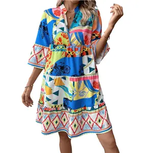 2024 бутик женской одежды, оптовая продажа, разноцветное многослойное платье в стиле бохо с абстрактным принтом