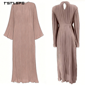 Women Dusty Mauve Pleated Stretch Abaya Multi Layer <b>Bell</b> Sleeve Round Neck Modest Muslim Elegant Casual Evening Maxi Dress - Product Image 5