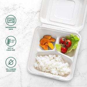 Canejoy 9x9 Inch 3 Compartment Sugarcane Bagasse Clamshell Disposable Reusable Recyclable Food <b>Container</b> Eco-Friendly - Product Image 2