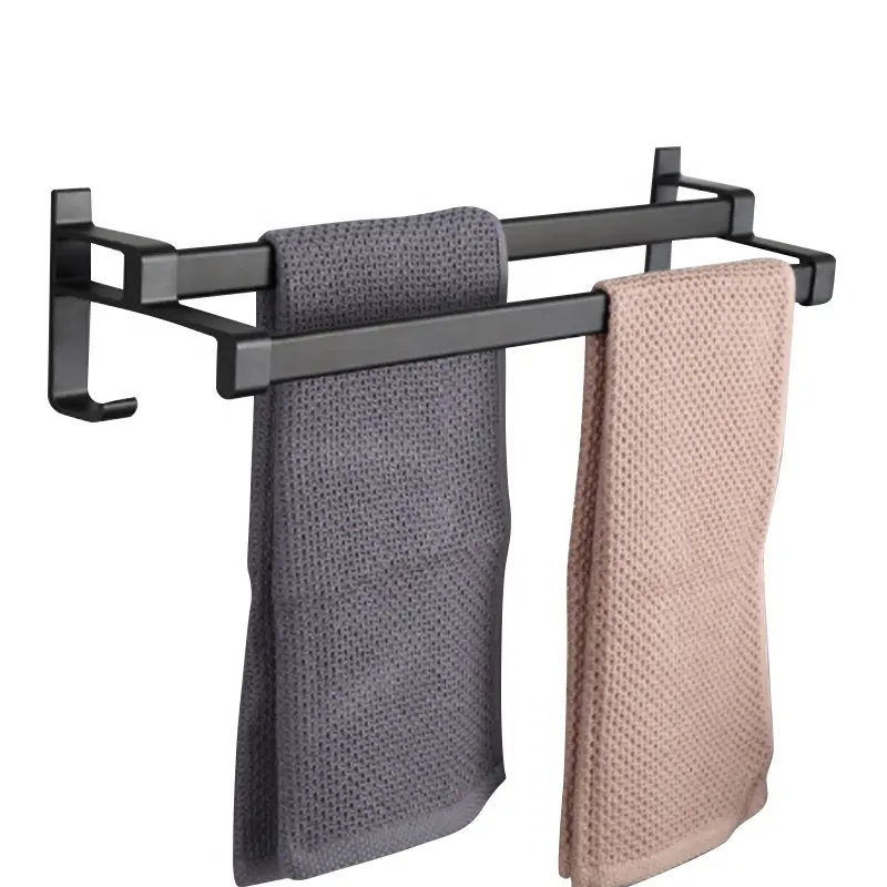 Adhesive Aluminum Matte Black Bathroom Double Towel Bar Towel Rack Towel Rod Holder with Hook