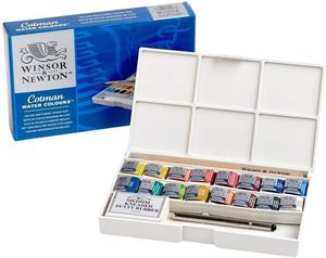 Bview Art Winsor & Newton Cotman – Kit complet de <span class=keywords><strong>peinture</strong></span> aquarelle format poche avec papier, 16 demi-pans, pinceau, gomme et <span class=keywords><strong>palette</strong></span> de mélange - Product Image 3
