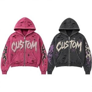 Custom Logo Solid <b>Zip</b> Hoodie Breathable Windproof Raw Edge Patch Letter Color Splash Paint Distressed Oversized Street OEM ODM - Product Image 3